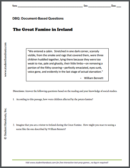 The Great Famine in Ireland by William Bennett - DBQ worksheet is free to print (PDF file).