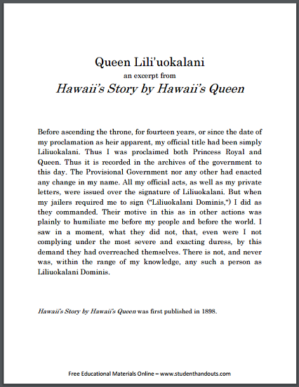 Queen Liliuokalani - 
Excerpt from Hawaii's Story by Hawaii's Queen (1898) - Free to print historical primary source document (PDF file).