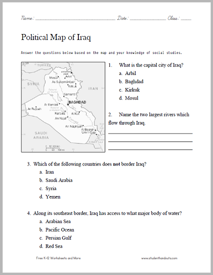 Iraq Political Map Worksheet - Free to print (PDF file).