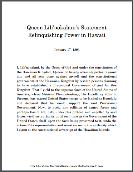 Queen Liliuokalani’s Statement Relinquishing Power in Hawaii - Free to print (PDF file).