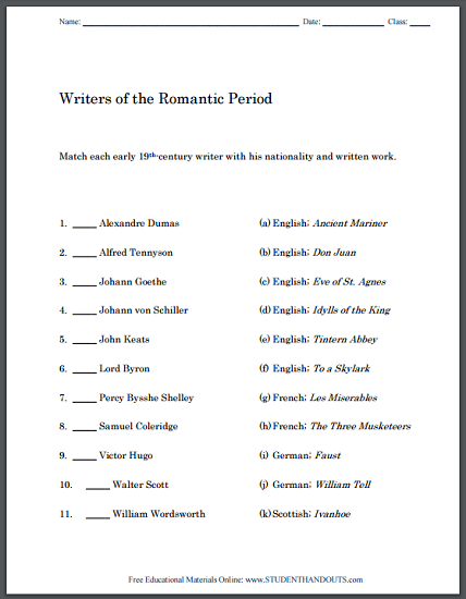 Romantic Period Writers: Matching Worksheet