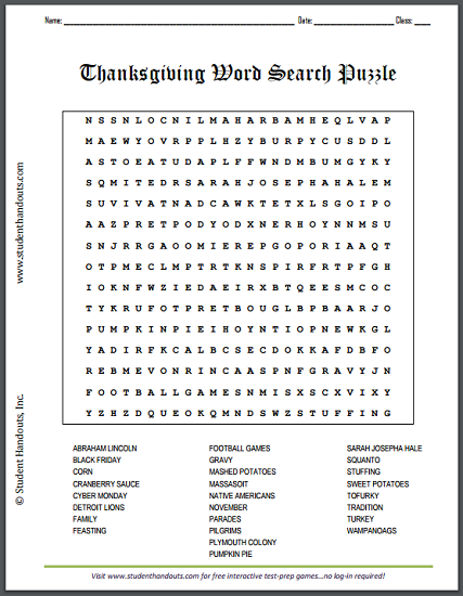 Thanksgiving Word Search Puzzle - Free to print (PDF file).