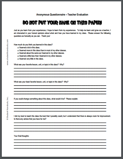 teacher course evaluation form student handouts anonymous feedback form