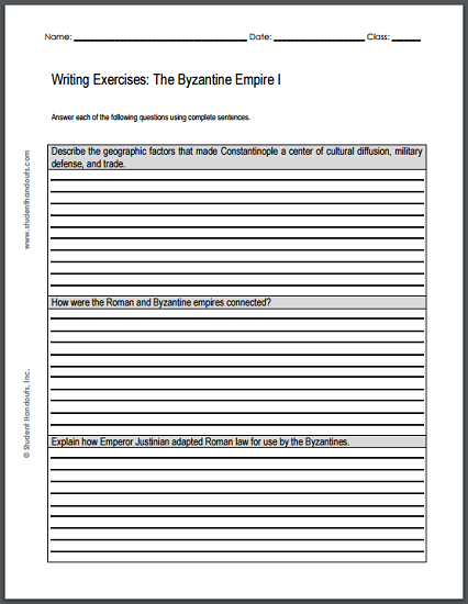 Byzantine Empire Writing Exercises Sheet #1 | Student Handouts