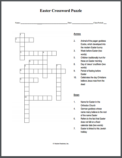 Easter Holiday Free Printable Crossword Puzzle For Kids