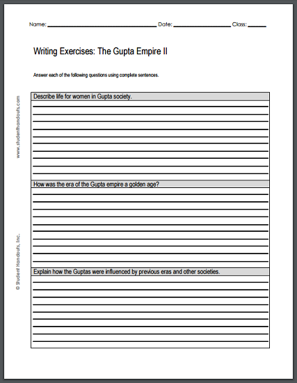 Gupta Empire Writing Exercises Sheet #2 - Free to print (PDF file).