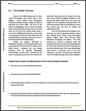 Middle Colonies - Reading worksheet with questions for American History students. Free to print (PDF file).