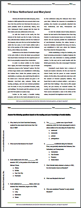"New Netherland and Maryland Colonies" Reading with Questions for High School United States History Students