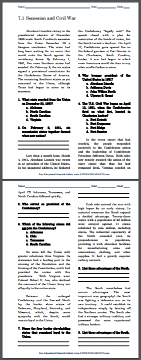 Secession and Civil War - Reading with Questions | Student Handouts