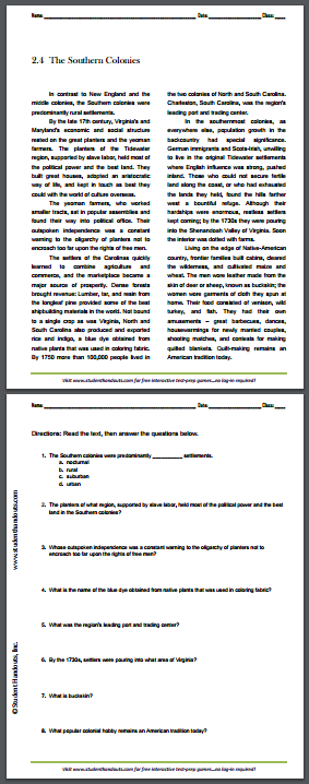 Southern Colonies - Reading with questions for United States History students. Free to print (PDF file).