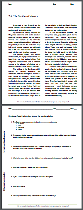 Southern Colonies Reading with Questions | Student Handouts
