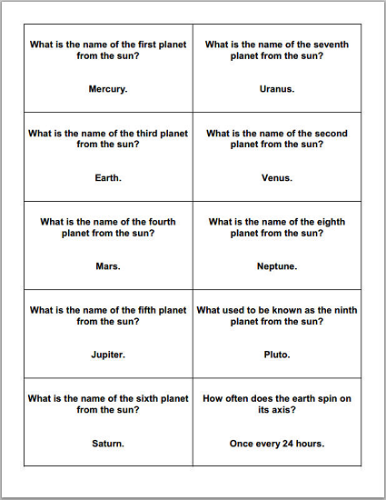 Astronomy And The Planets Trivia Cards Student Handouts