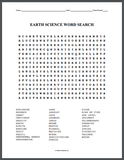 Earth Science Word Search Puzzle - Free to print (PDF file).