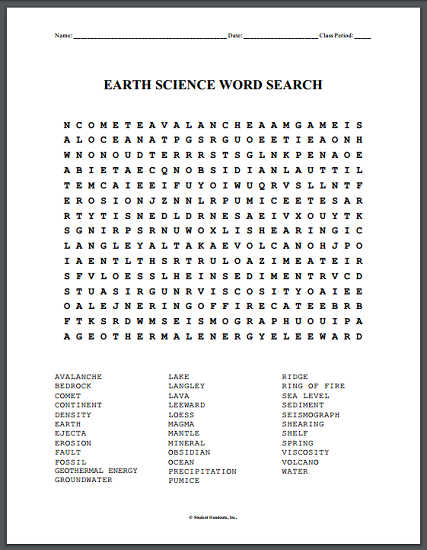 Earth Science Word Search Puzzle | Student Handouts