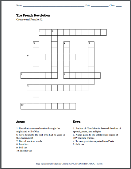 French Revolution Crossword Puzzles - Free to print (PDF files) for high school European History or World History students.