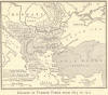 Map of the decline of Turkish power from 1815 to 1912.  The Ottomans for centuries ruled much of the Balkans, the "powder-keg of Europe," and other areas around Turkey and Asia Minor, including Wallachia, Moldavia, Dobrudja, Bulgaria, Serbia, Thrace, Macedonia, Eastern Roumelia, Thessaly, Albania, Greece, Montenegro, Bosnia, Crete, Rhodes, Samos, and Cyprus.