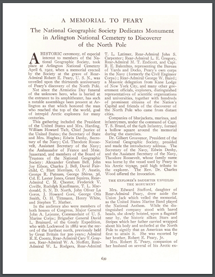 This is an article from National Geographic (1922) on the monument erected in Arlington National Cemetery to the late Rear-Admiral Robert E. Peary, who is credited with being the first person to reach the North Pole.