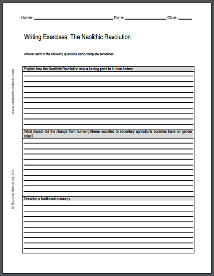 Neolithic Revolution Writing Exercises - Free to print (PDF file) for high school World History students.