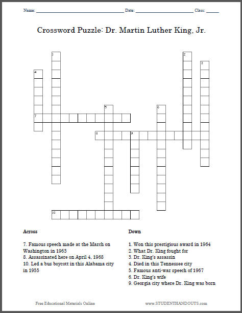Dr. Martin Luther King Free Printable Crossword Puzzle