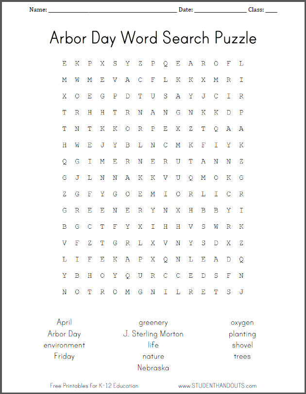 Arbor Day Word Search Puzzle Worksheet