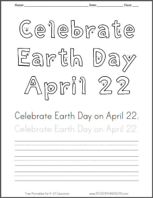 Celebrate Earth Day, April 22, coloring sheet with handwriting practice.