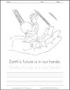 Earth's future is in our hands. Coloring sheet with handwriting practice for Earth Day.