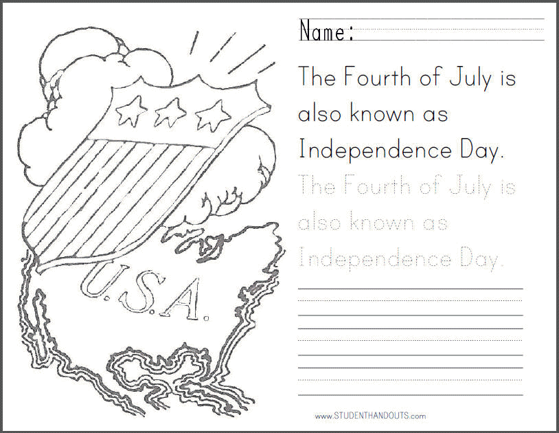 Fourth of July-Independence Day Coloring Sheet with Handwriting Practice