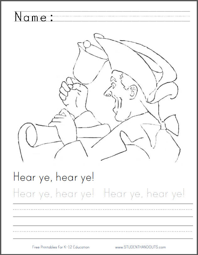 Hear ye, hear ye! Colonial Coloring Page for Kids with Handwriting Practice
