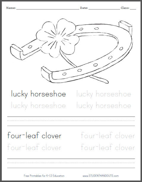 Lucky horseshoe and four-leaf clover coloring page with handwriting practice