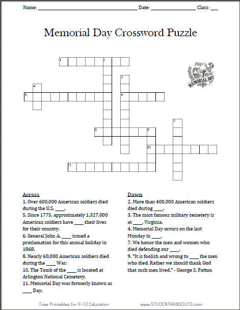 Free Printable Memorial Day Crossword Puzzle Worksheet
