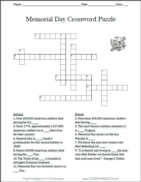 memorial day crossword puzzle student handouts