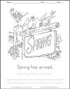 Spring is here coloring page with handwriting practice