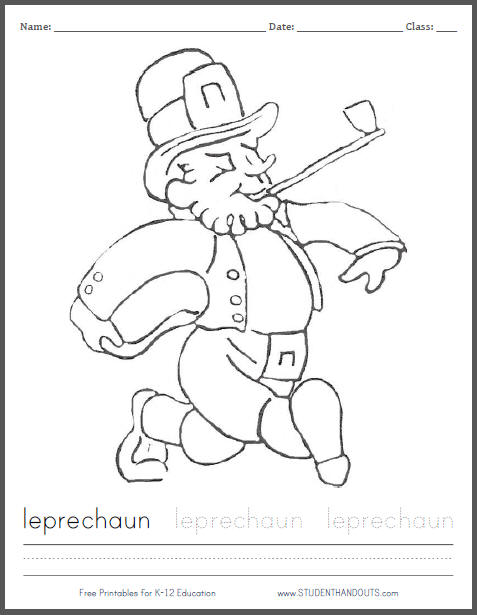 Leprechaun Coloring Page for St. Patrick's Day with Handwriting and Spelling Practice