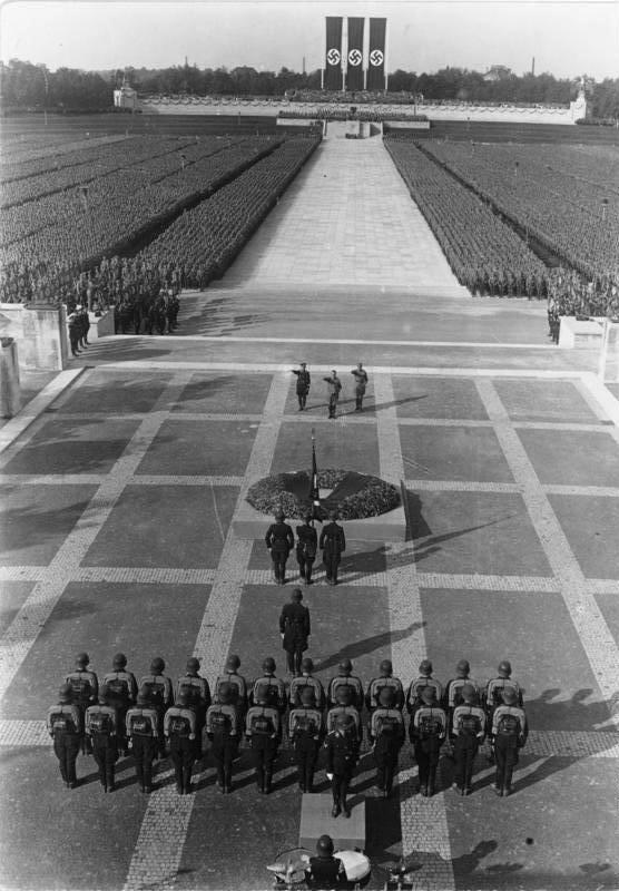 Adolf Hitler at a Nazi rally in Nuremberg, Germany, in September of 1934. Nazi rallies were carefully choreographed and orchestrated events designed to be visually inspiring.