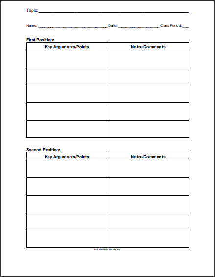 Social Studies Printable - Debate Notes Sheet