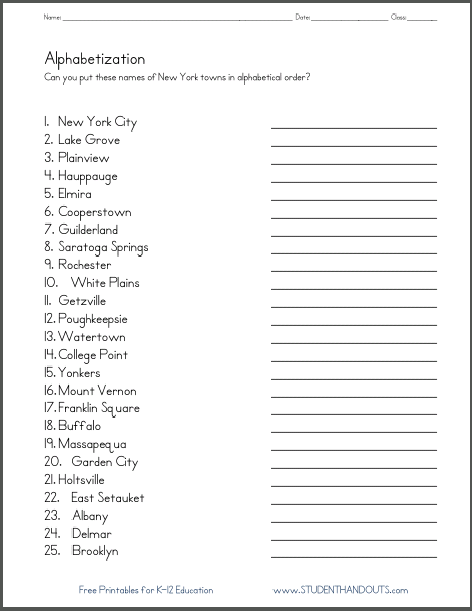 New York Towns In Abc Order Worksheet Student Handouts