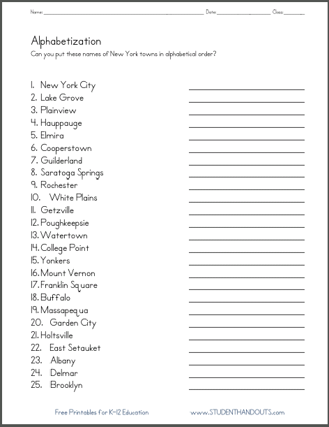 Directions: Put the names of these cities and towns of New York State in alphabetical (ABC) order. Free printable worksheet for students and teachers of ELA (English Language Arts).