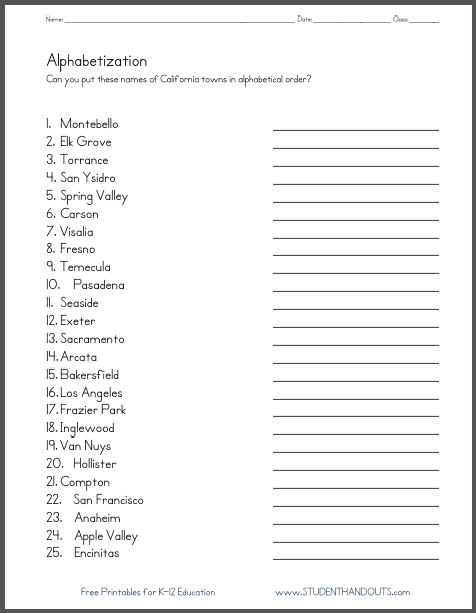 California Towns in ABC Order - Worksheet is free to print (PDF file).