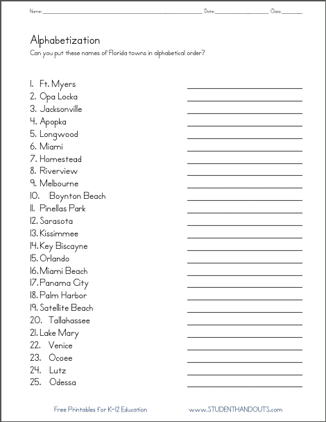 Directions: Put the names of Florida cities and towns in alphabetical (ABC) order. Free printable worksheet for elementary school ELA (English Language Arts) teachers and students.