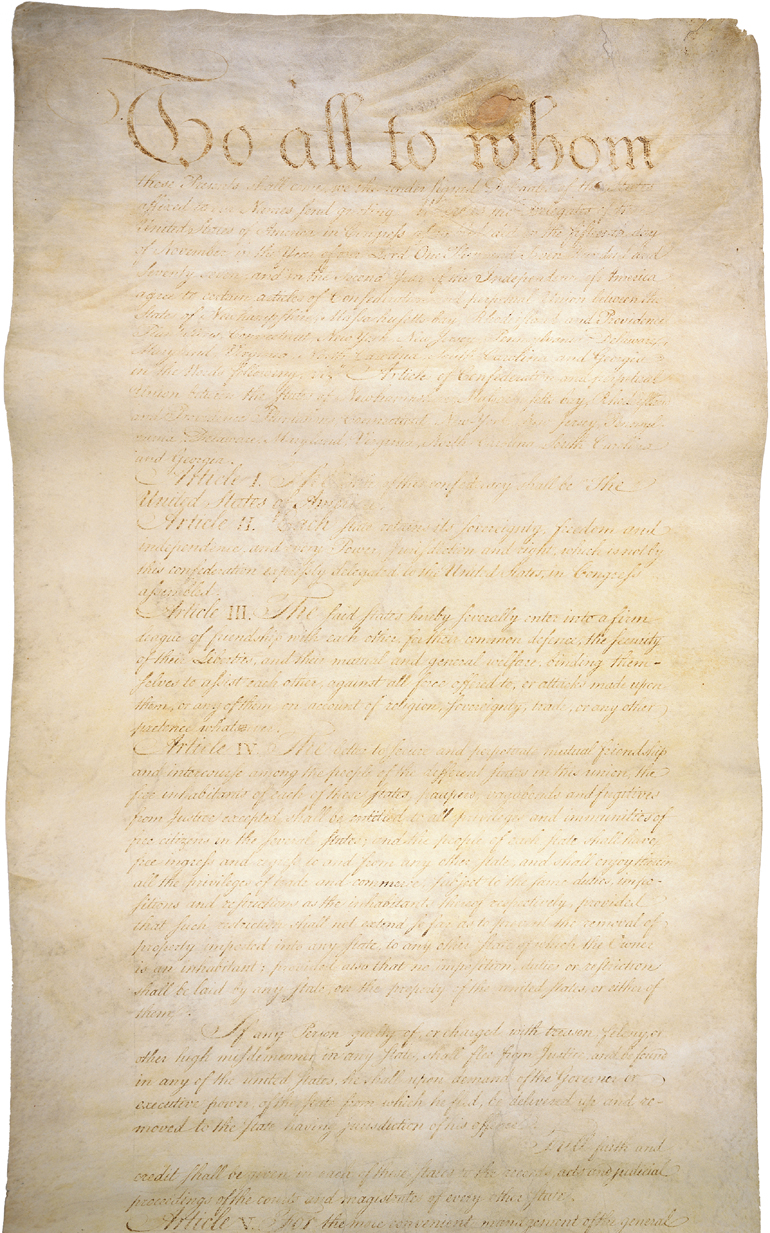 Articles of Confederation, 1781.  The Articles of Confederation provided for a loose and weak union between the former American colonies. The Articles were in effect until the United States Constitution was adopted in 1789.