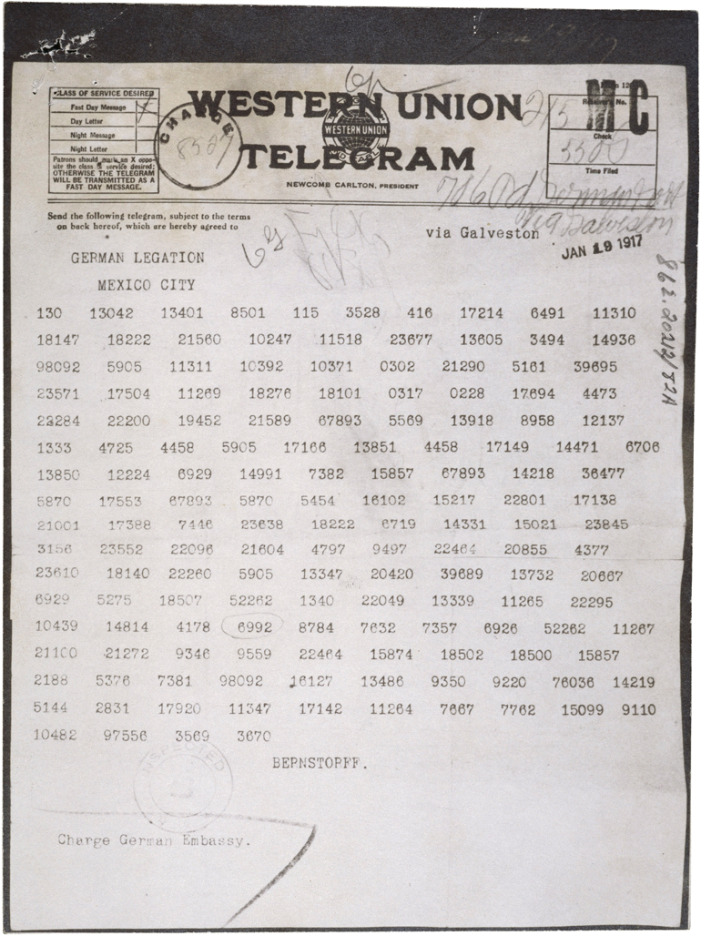 Zimmermann Telegram, 1917.  The Zimmermann Telegram (also known as the Zimmermann Note) helped bring the United States into World War I.  This coded note was written by German Foreign Secretary Arthur Zimmermann.  Zimmermann sent the note to Mexico in an attempt to create a military alliance between Germany and Mexico.  Intercepted and decoded, the Zimmermann Telegram infuriated Americans because of the threat such a proposed alliance would pose to the United States.  The U.S. Congress declared war on Germany in 1917, thereby entering World War I.