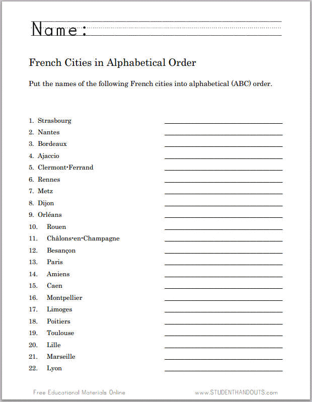 Cities of France in Alphabetical Order Free Printable Worksheet for Kids