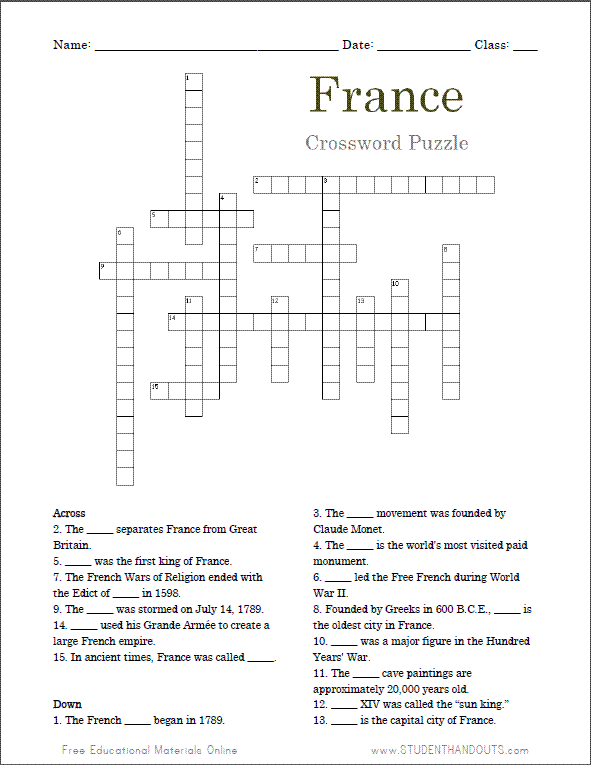 France Crossword Puzzle Student Handouts