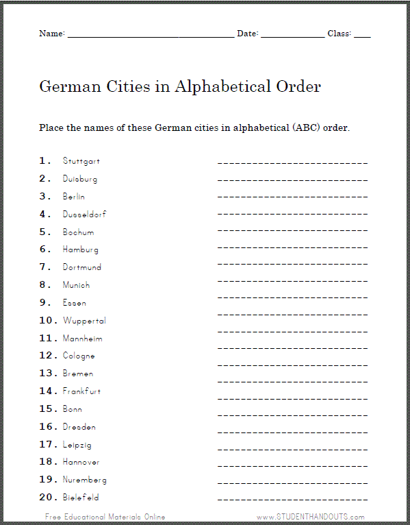 german cities in abc order worksheet student handouts