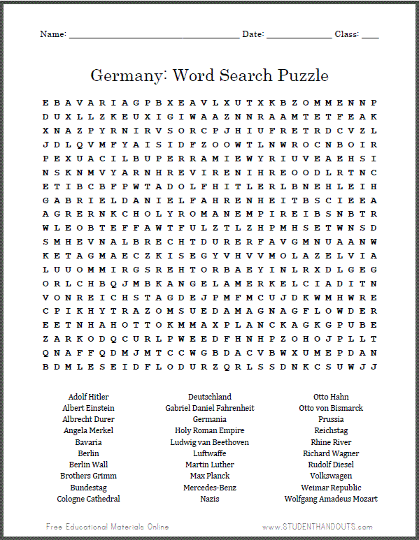 Free Printable German Word Search