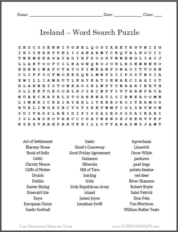 Ireland Word Search Puzzle - Free to print (PDF file).