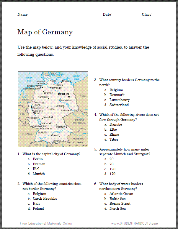 Germany Map Worksheet - Free to print (PDF file).