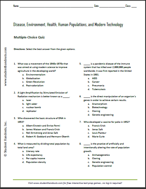 Modern Health And Disease Printable Multiple Choice Quiz Student Handouts