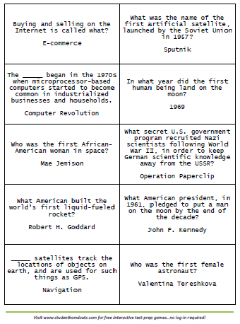 Science and Technology Printable Flashcards - Free to print (PDF files). For high school World History students.