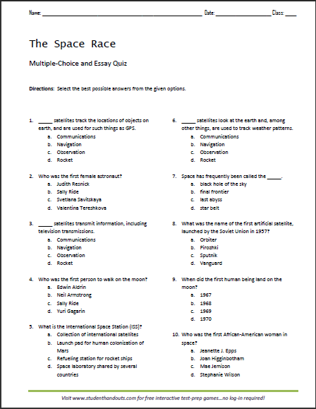 Space Race Free Printable Social Studies Pop Quiz Student Handouts